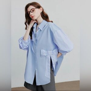 Light Blue Button-Down Oversized Shirt with Bow Detail - Women